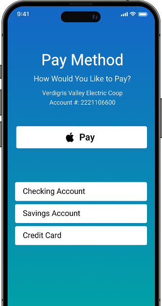 Mobile screen showing payment options: Apple Pay, Checking Account, Savings Account, and Credit Card.